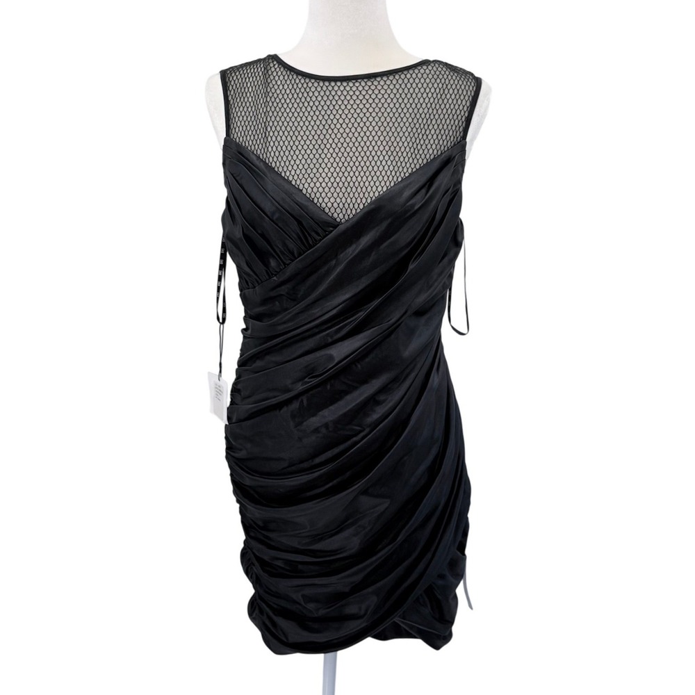 SHO Black‎ Faux Leather Ruched Mesh Yoke Mini Dress Sleeveless SH22D1115 L